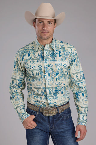 Roper Mens Tropical Resort Print Tan/Blue 100% Cotton L/S Shirt