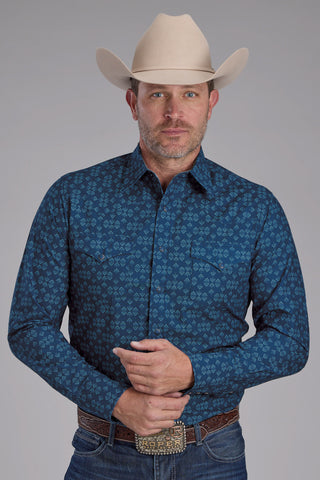 Roper Mens 2350 Diamond Print Blue 100% Cotton L/S Shirt