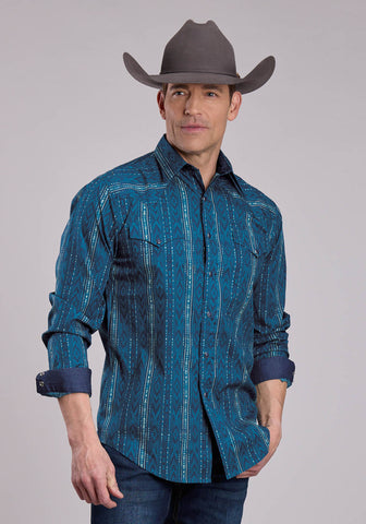 Roper Mens Diamond Navajo Print Blue 100% Cotton L/S Shirt