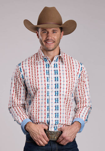 Roper Mens Vertical Aztec Red/White 100% Cotton L/S Shirt