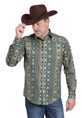 Roper Mens Navajo Stripes Print Blue 100% Cotton L/S Shirt