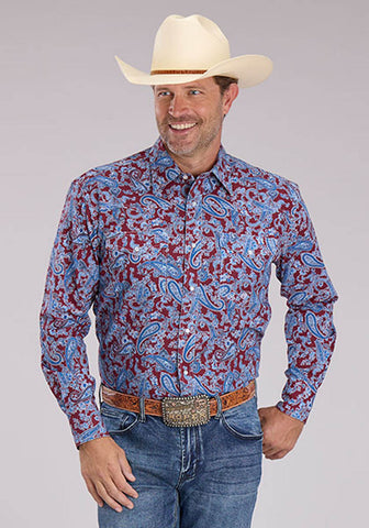 Roper Mens Heritage Paisley Wine/Blue 100% Cotton L/S Shirt