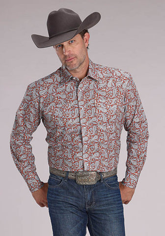 Roper Mens 2499 Clay Paisley Orange 100% Cotton L/S Shirt