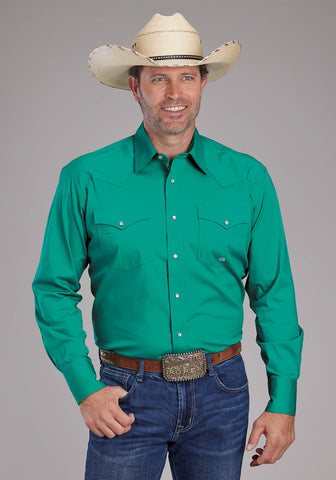 Roper Mens 2388 Poplin Stretch Jade Green Cotton Blend L/S Shirt