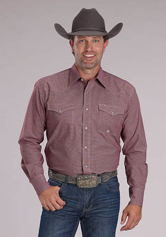 Roper Mens 2510 Stretch Mini Check Wine Cotton Blend L/S Shirt