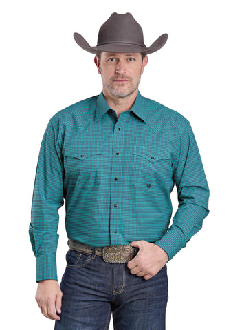 Roper Mens Mini Check Stretch Turquoise Cotton Blend L/S Shirt