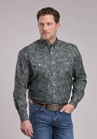 Roper Mens Forest Paisley Green 100% Cotton Btn L/S Shirt