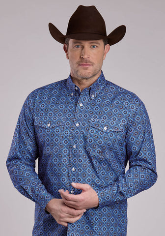 Roper Mens Medallion Paisley Vintage Blue 100% Cotton Btn L/S Shirt
