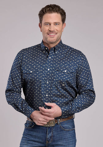 Roper Mens Stretch Poplin Paisley Navy Cotton Blend Btn L/S Shirt