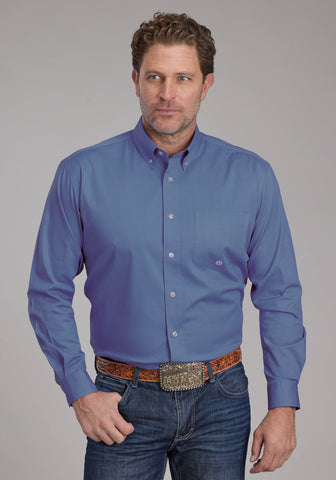 Roper Mens 2388 Solid Poplin Periwinkle Cotton Blend 1 Pkt L/S Shirt