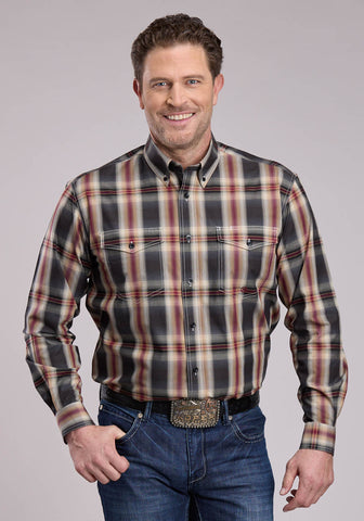 Roper Mens Ombre Plaid Black 100% Cotton Button L/S Shirt