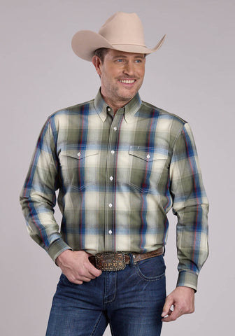 Roper Mens Evergreen Plaid Multi-Color 100% Cotton Button L/S Shirt