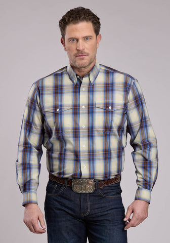 Roper Mens Open Window Plaid Blue 100% Cotton Button L/S Shirt