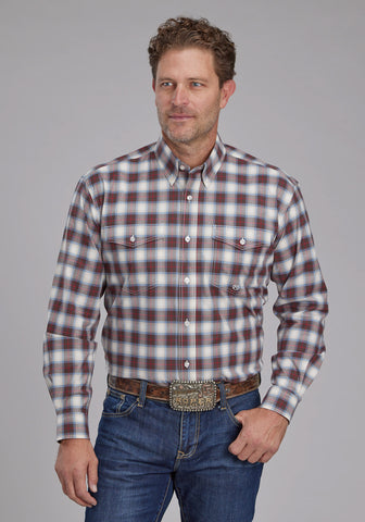 Roper Mens 2164 Stretch Plaid Brown Cotton Blend Btn L/S Shirt