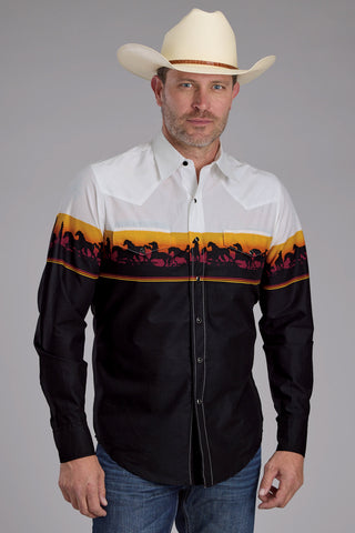 Roper Mens Sunset Horse Border Black/White 100% Cotton L/S Shirt
