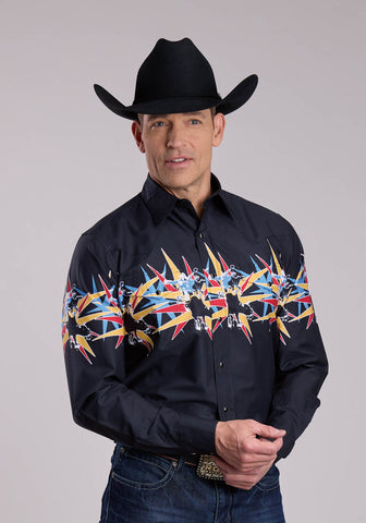 Roper Mens Star Bull Border Black 100% Cotton L/S Shirt
