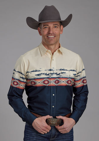 Roper Mens Open Range Border Blue/White 100% Cotton L/S Shirt
