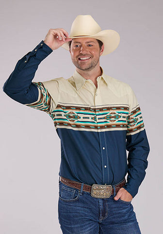 Roper Mens Vintage Aztec Border Blue 100% Cotton L/S Shirt