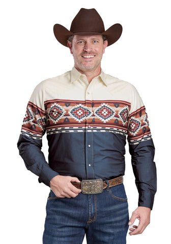 Roper Mens 2626 Ombre Border Blue 100% Cotton L/S Shirt