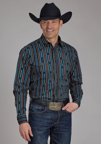 Roper Mens 2123 Vertical Stripe Blue 100% Cotton L/S Shirt