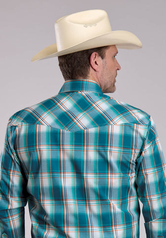 Roper Mens 2890 Sunset Plaid Turquoise 100% Cotton L/S Shirt