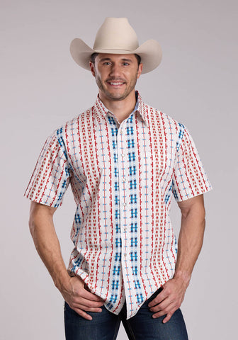 Roper Mens Vertical Aztec Red 100% Cotton S/S Shirt