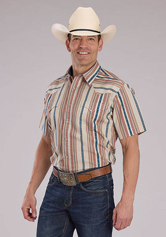Roper Mens Southwest Vertical Stripe Tan 100% Cotton S/S Shirt