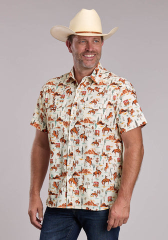 Roper Mens Performance Vintage Scenic Orange Nylon/Spandex S/S Shirt