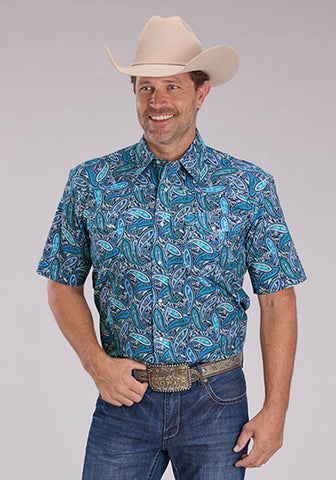 Roper Mens Sky Paisley Blue 100% Cotton S/S Shirt