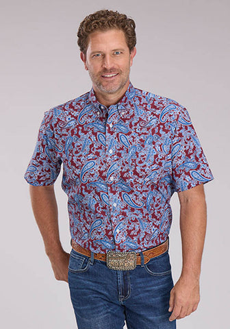 Roper Mens 2496 Heritage Paisley Wine/Blue 100% Cotton 1 Pkt S/S Shirt