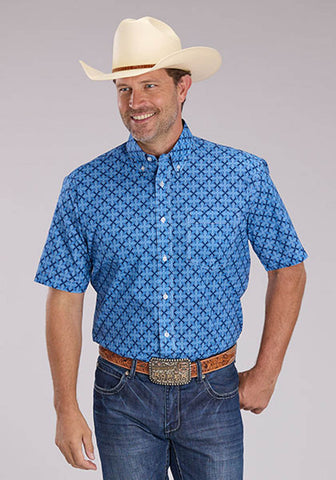 Roper Mens 2497 Ribbon Medallion Blue 100% Cotton 1 Pkt S/S Shirt
