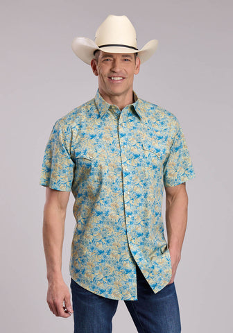 Roper Mens Hibiscus Dreams White/Blue 100% Cotton S/S Shirt