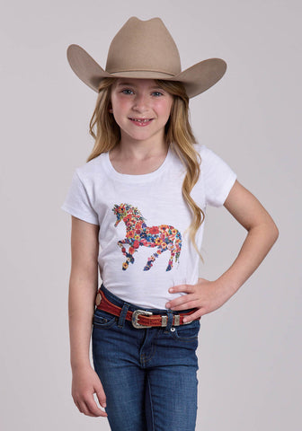 Roper Kids Girls Floral Horse White 100% Cotton S/S T-Shirt