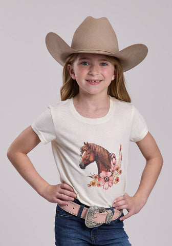 Roper Kids Girls Horse Head Floral Cream Poly/Rayon S/S T-Shirt