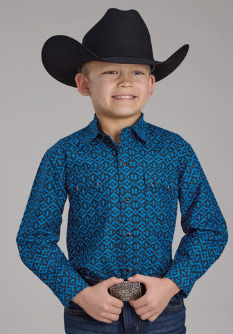 Roper Kids Boys 2181 Aztec Tile Blue 100% Cotton L/S Shirt