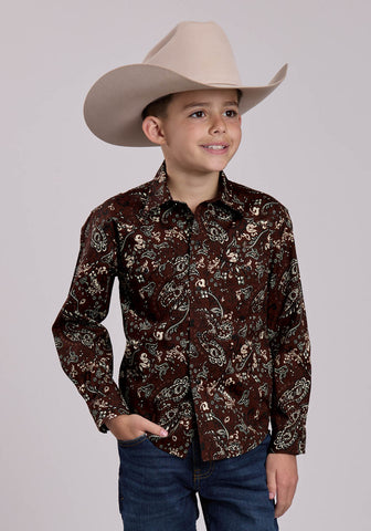 Roper Kids Boys Brilliant Paisley Brown 100% Cotton L/S Shirt