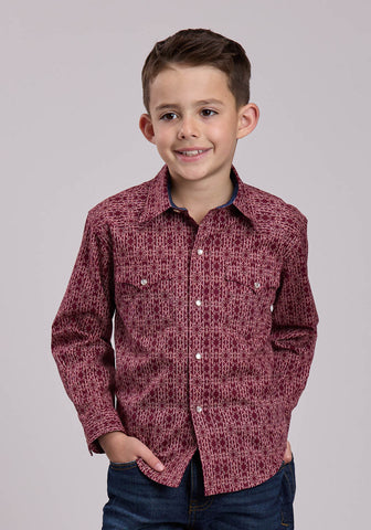 Roper Kids Boys Linear Aztec Print Red 100% Cotton L/S Shirt