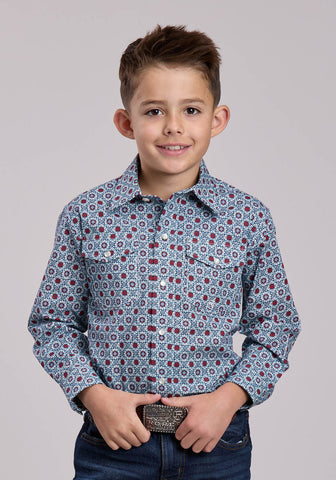 Roper Kids Boys Vintage Scroll Foulard Blue 100% Cotton L/S Shirt