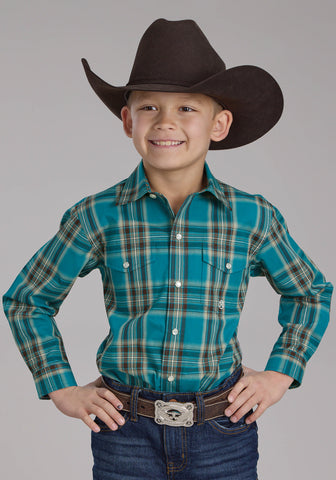Roper Kids Boys Real Plaid Teal 100% Cotton L/S Shirt
