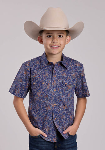 Roper Kids Boys Vintage Paisley Print Blue 100% Cotton S/S Shirt