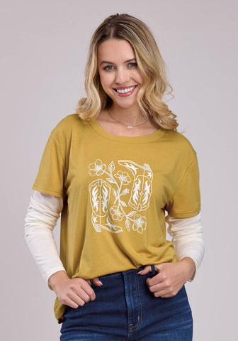 Roper Womens Boots with Flowers Gold Poly/Rayon S/S T-Shirt