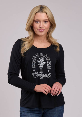 Roper Womens Homegrown Cowgirl Black Poly/Rayon L/S T-Shirt