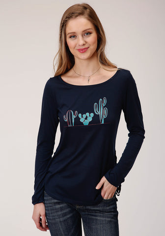 Roper Womens Side Accent Ties Cactus Dark Blue Poly/Rayon L/S Tunic
