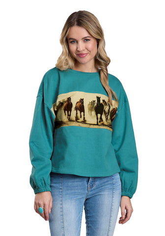 Roper Womens 2633 Running Horses Teal 100% Cotton Sweatshirt