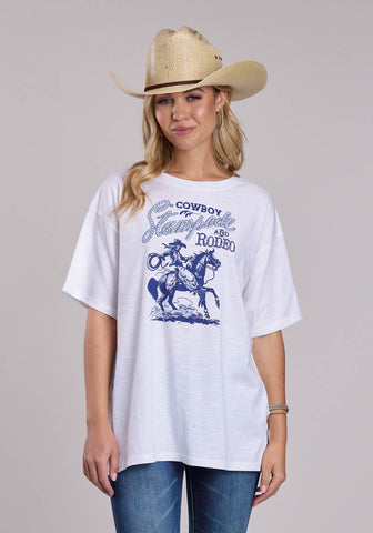 Roper Womens Cowboy Stampede Rodeo White/Blue 100% Cotton S/S T-Shirt