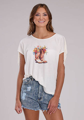 Roper Womens Flowers in Cowboy Boots White Poly/Rayon S/S T-Shirt