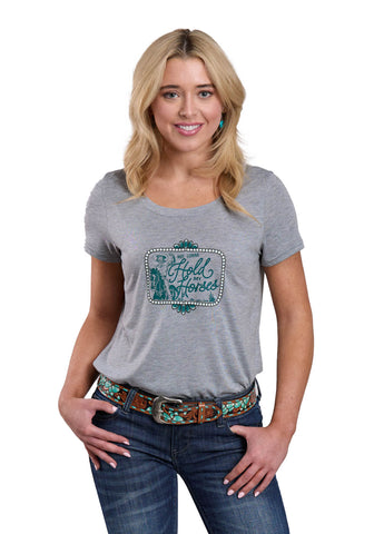Roper Womens Hold My Horses Grey Poly/Rayon S/S T-Shirt