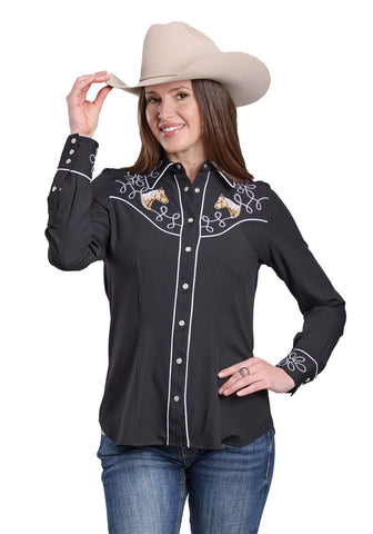 Roper Womens Horse Heads Black Poly/Spandex L/S Shirt