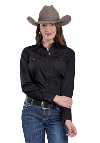 Roper Womens Solid Poplin Black 100% Cotton L/S Shirt