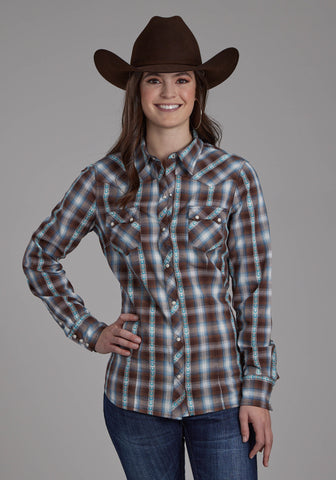 Roper Womens 2169 Horseshoe Dobby Brown 100% Cotton L/S Shirt